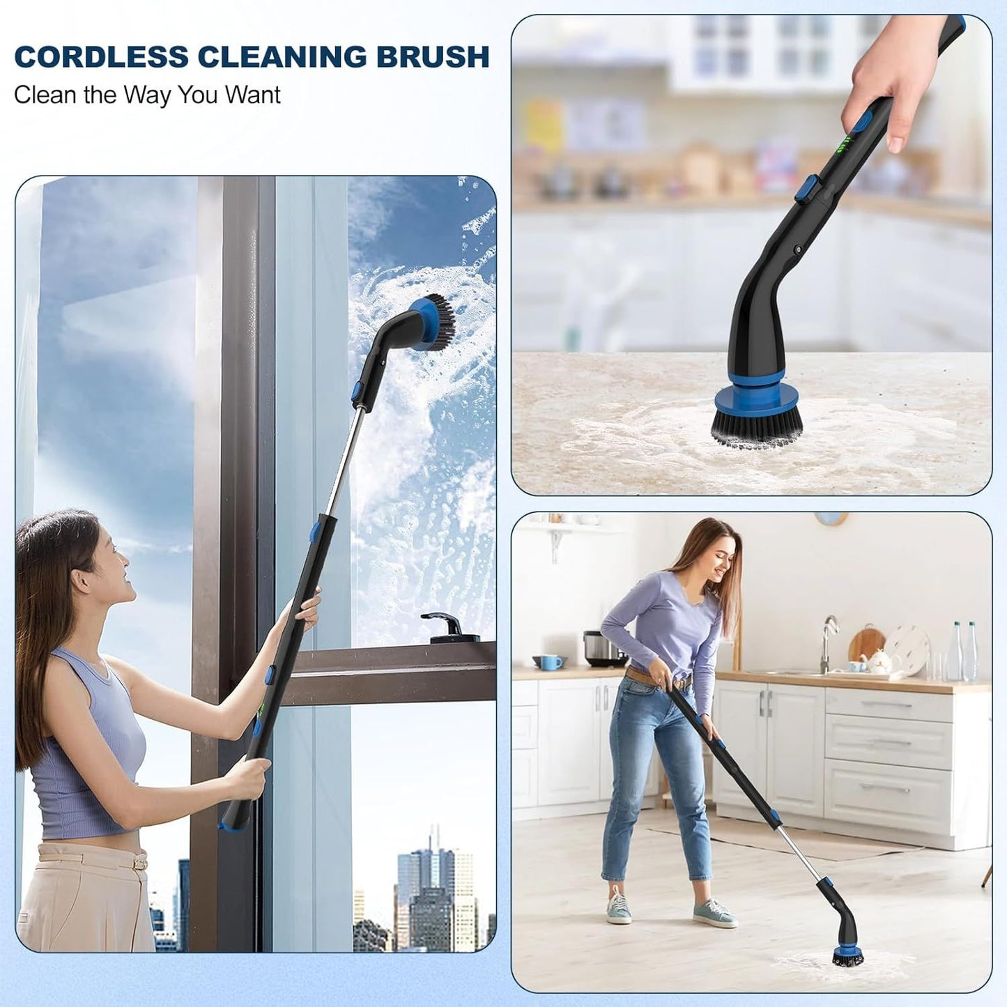 Electric Spin Scrubber, Cordless Cleaning Brush with 4 Replaceable Brush Heads and Adjustable Extension Handle Power Shower Scrubber for Bathroom, Kitchen, Tub, Tile, Floor