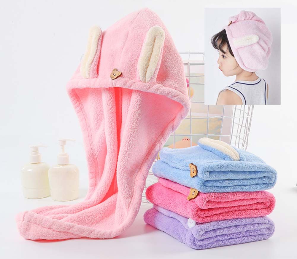 Cute Hair Wrap Towel Microfiber Drying Hair Turban Towel with Ears Rose Red