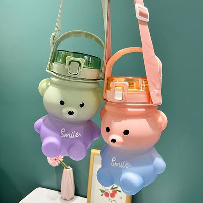 1pc Bear Cute Water Cup; Summer Plastic Cup; Portable Straw Cup; Large-capacity Water Bottle With Strap