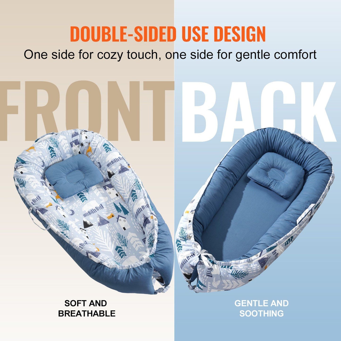 VEVOR Baby Lounger 100% Cotton Newborn Nest Sleeper with Headrest and 2 Covers