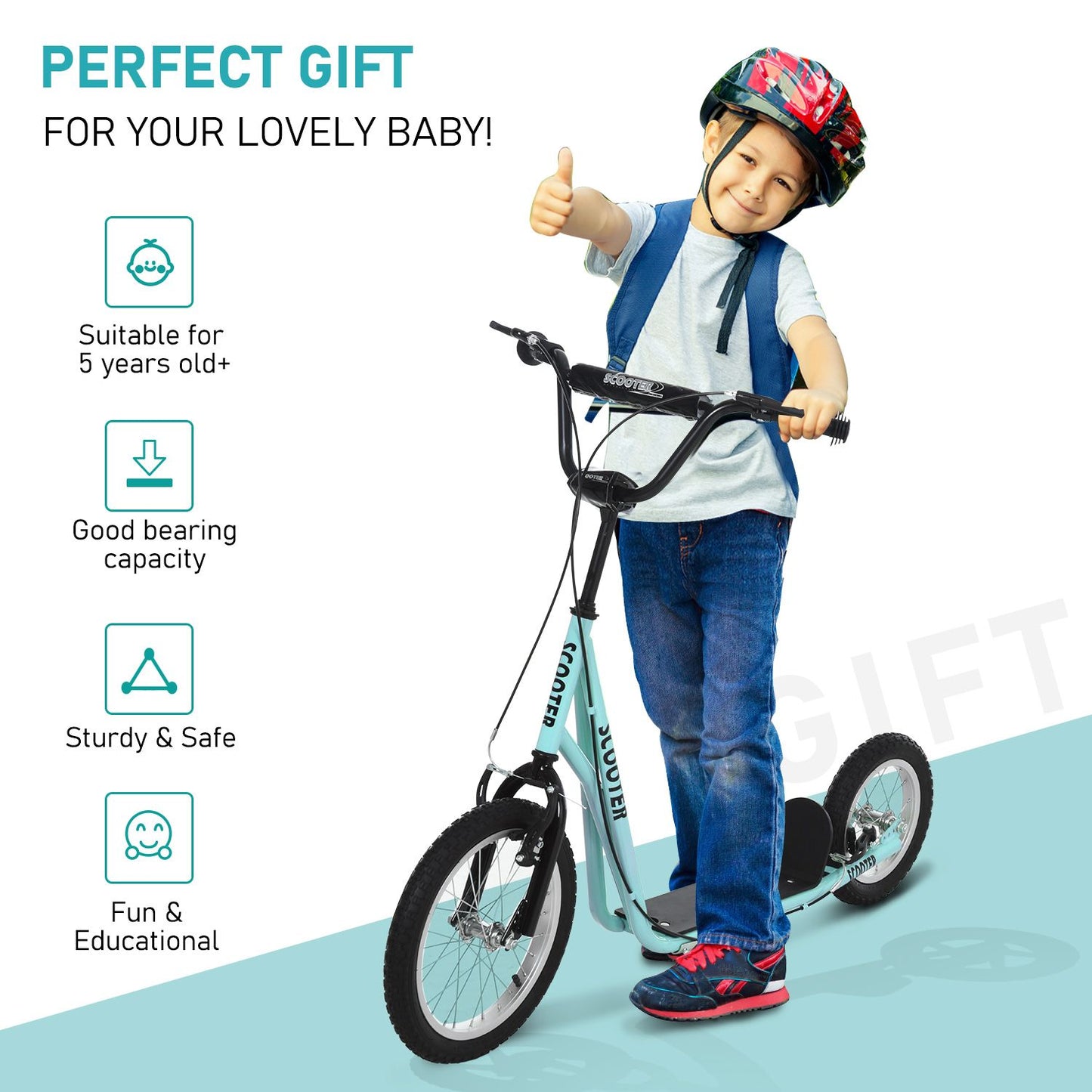 Aosom Youth Scooter, Teens Kick Scooter, Adjustable Handlebar Ride On Toy for 5+ with 16" Front and 12" Rear Dual Brakes Inflatable Wheels, Blue