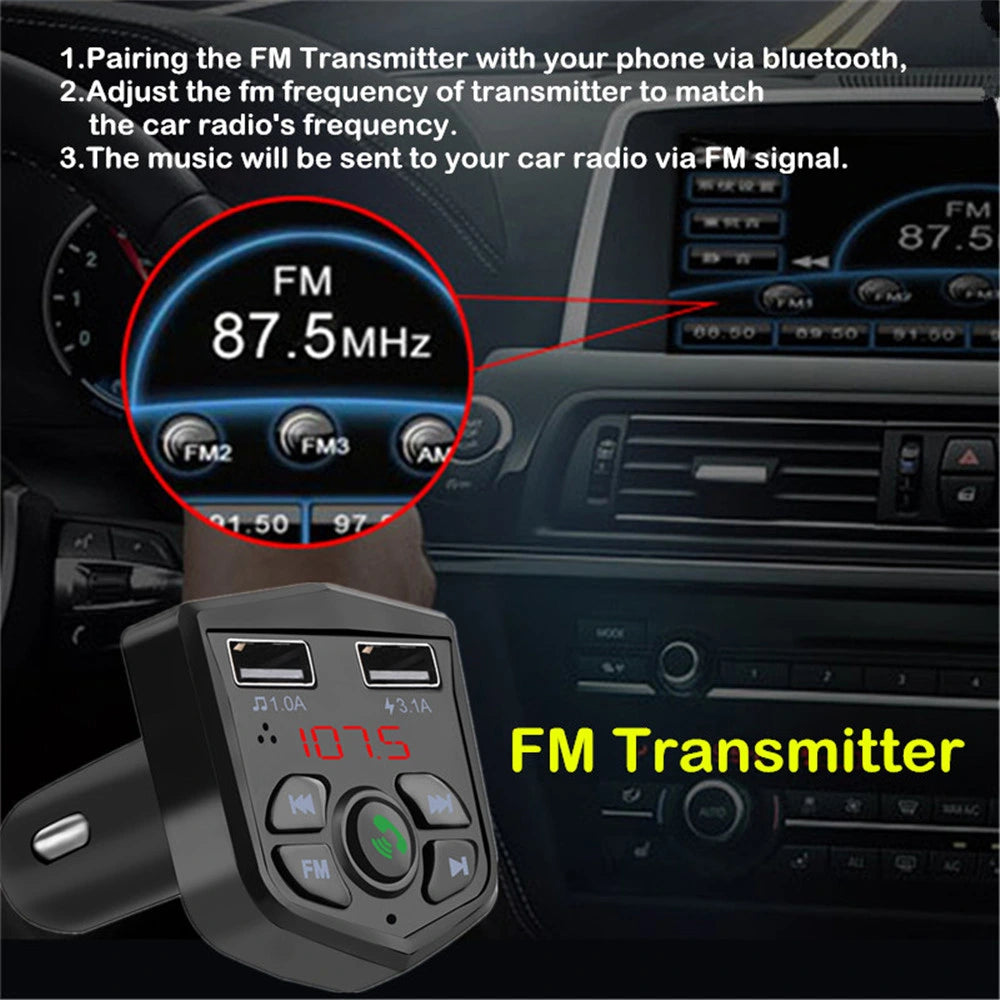 KEBIDU Car Bluetooth 5.0 FM Transmitter 3.1A Dual USB Fast Charger Wireless Handsfree Audio Receiver Auto MP3 Player For Car