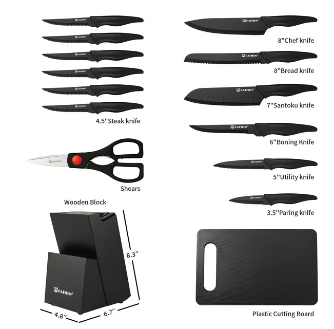 16 Pieces Kitchen Knife Block Set with Cutting Board, German Premium Quality Stainless Steel, Built-in sharpener, Dishwasher Safe, 6 Steak Knives, Anti-slip handle, Black