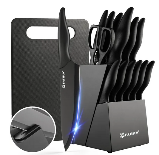 16 Pieces Kitchen Knife Block Set with Cutting Board, German Premium Quality Stainless Steel, Built-in sharpener, Dishwasher Safe, 6 Steak Knives, Anti-slip handle, Black