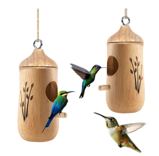 2 Packs Humming Bird Houses for Outside Wooden Hanging Bird Nest Feeder Hand Patio Garden Craft Ornament Decoration