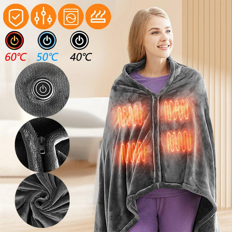 USB Winter Cold Protection Body Warm Shawl Warmer Heated Electric Heated Plush Blanket Flannel Heated Shawl Outdoor Office Home