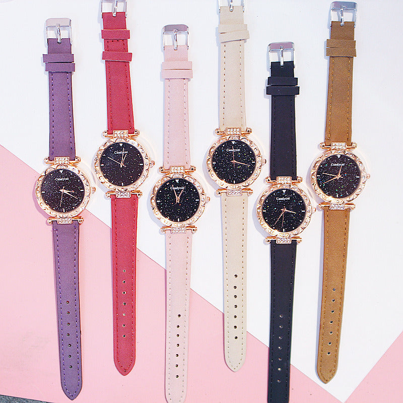 Women's Starry Sky Watch and Bracelet Set – Casual Leather Strap Quartz Watch