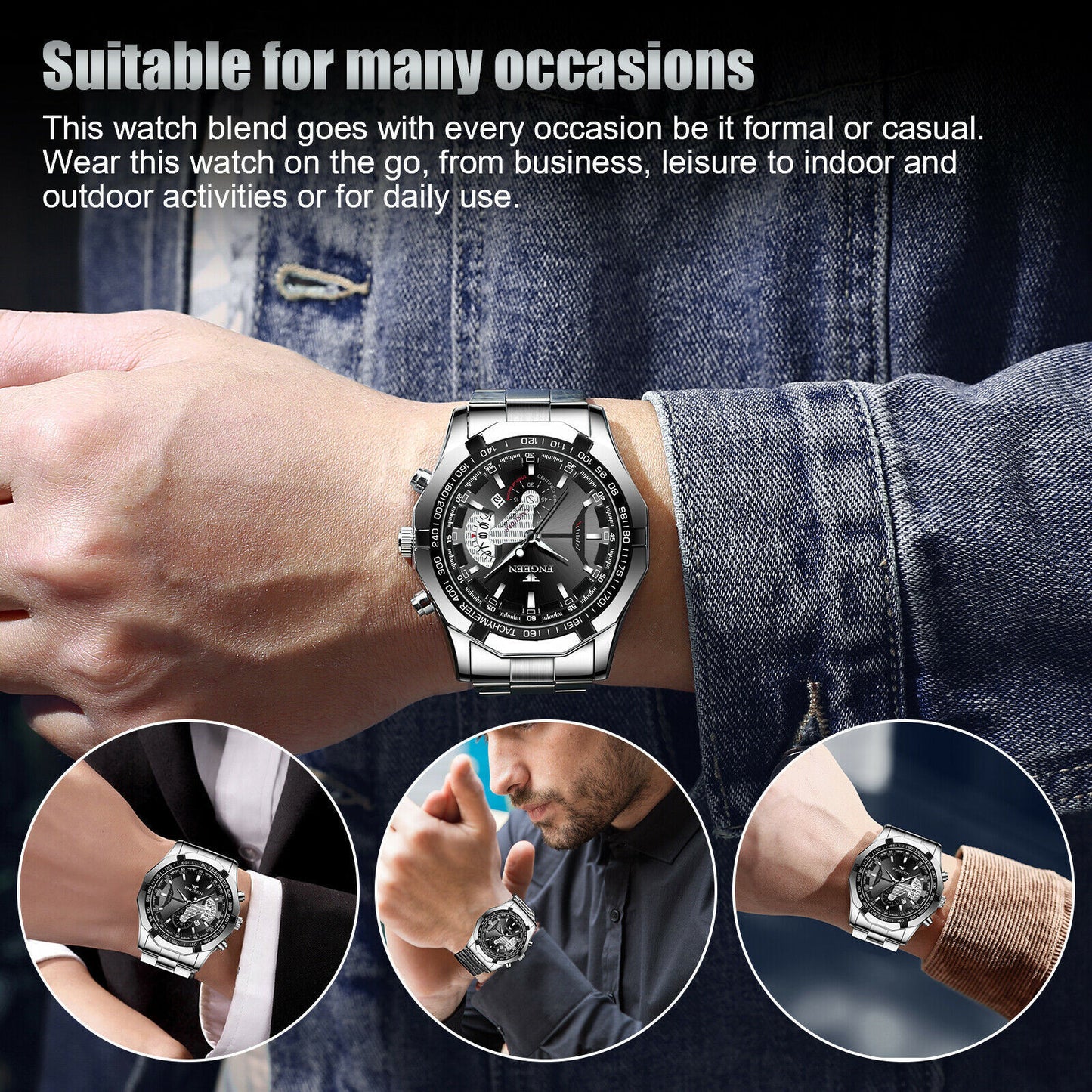 Men's Waterproof Stainless Steel Quartz Analog Wrist Watch with Date - Elegant Business & Casual Gift