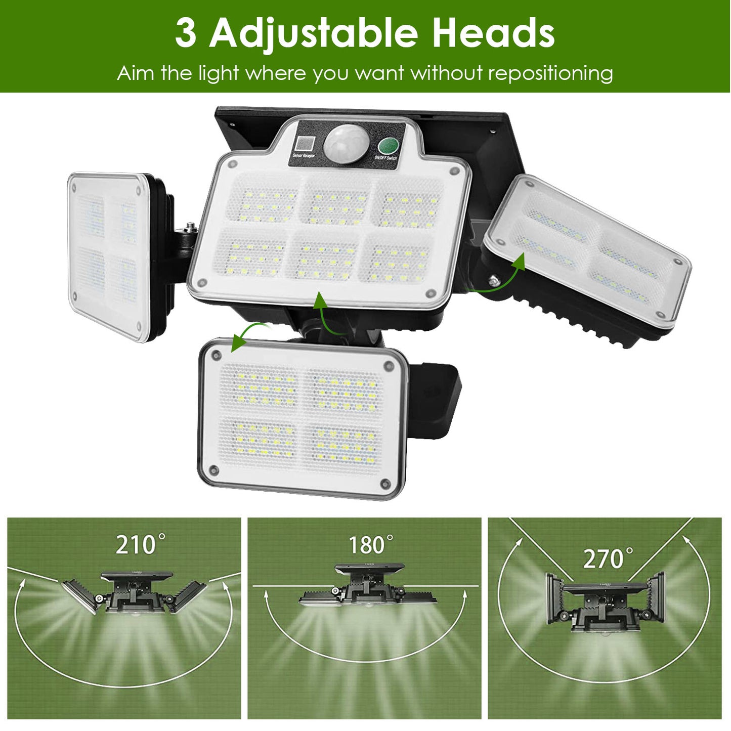 216 LEDs Solar Outdoor Light Motion Sensor Security Flood Lamp Wall Wireless Solar Lamp with 3 Adjustable Heads IP65 Waterproof for Garden Patio Garage Pathway