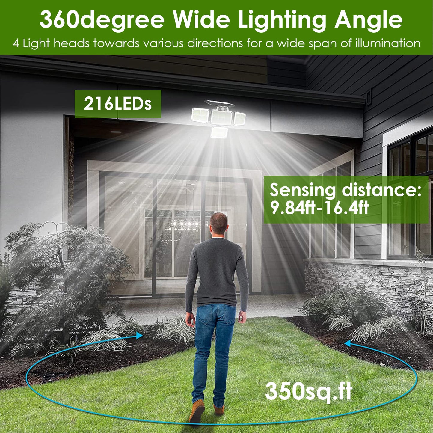 216 LEDs Solar Outdoor Light Motion Sensor Security Flood Lamp Wall Wireless Solar Lamp with 3 Adjustable Heads IP65 Waterproof for Garden Patio Garage Pathway