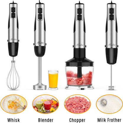 1100W Immersion Hand Blender, 5-in-1 Multi-Purpose Stick Blender with 12-Speed Control, 600ml Beaker, 500ml Food Chopper, Egg Whisk, and Milk Frother - Black