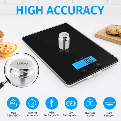 Digital Food Scale, 33lb/15kg Kitchen Scale for Cooking and Baking, 1g/0.1oz Precise Graduation, Waterproof Tempered Glass, USB Rechargeable, 6 Weight Units, Tare Function