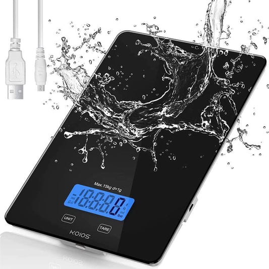 Digital Food Scale, 33lb/15kg Kitchen Scale for Cooking and Baking, 1g/0.1oz Precise Graduation, Waterproof Tempered Glass, USB Rechargeable, 6 Weight Units, Tare Function