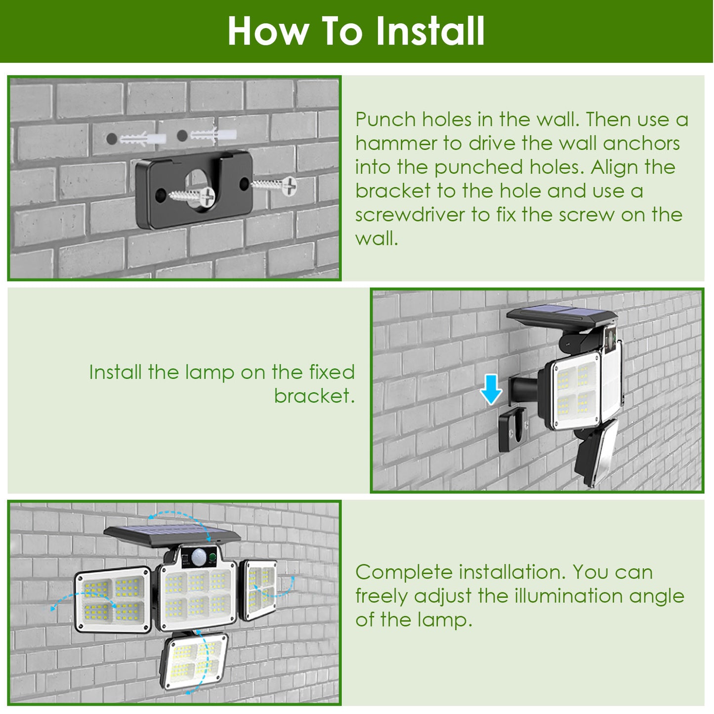 216 LEDs Solar Outdoor Light Motion Sensor Security Flood Lamp Wall Wireless Solar Lamp with 3 Adjustable Heads IP65 Waterproof for Garden Patio Garage Pathway